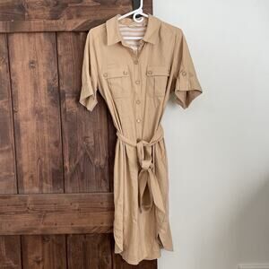 Soft Surroundings Large Khaki Fontana Linen Blend Dress Pockets 2DY36 Career